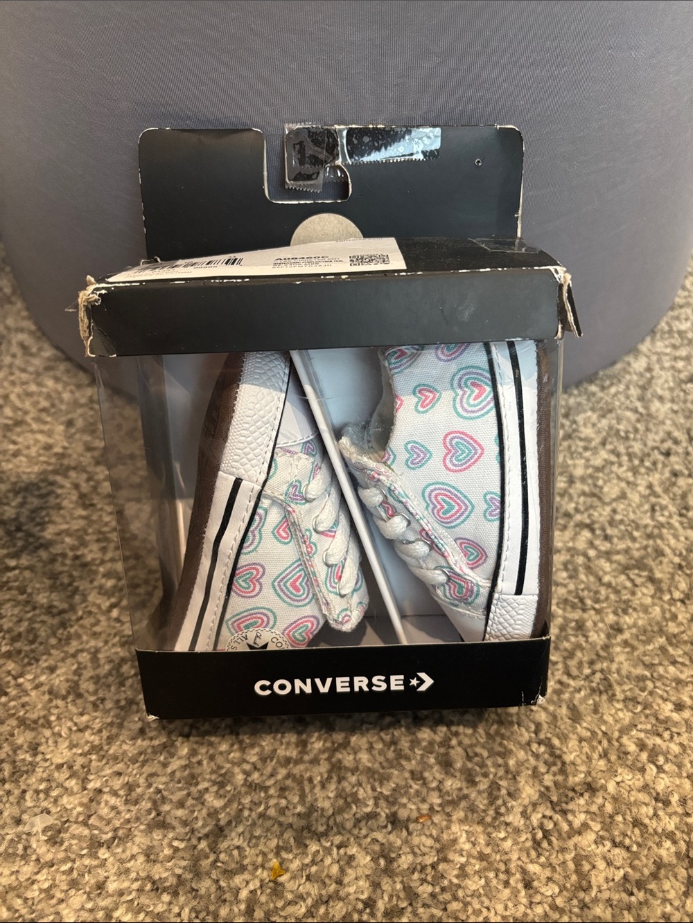 Converse Kids White Canvas Sneakers with Pink & Mint Heart Print
